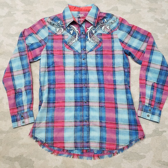 Rock 47 By Wrangler Tops - Rock 47 by Wrangler Top Womens Medium Blue Pearl Snap Long Sleeve Plaid Cowgirl
